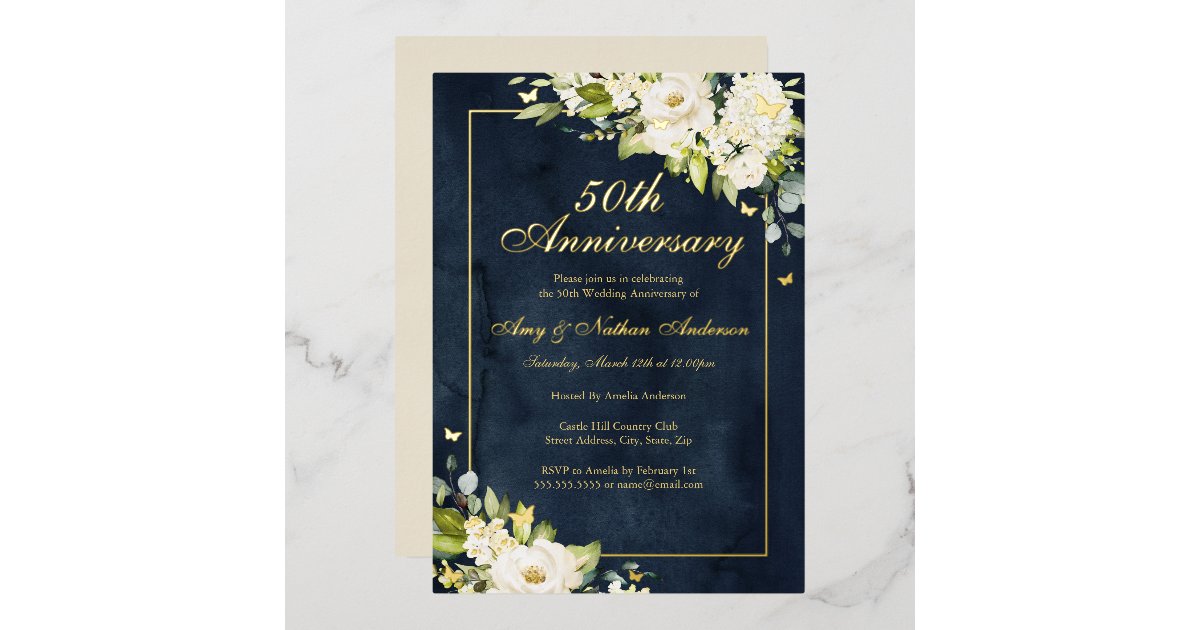 Gold Navy Butterfly 50th Wedding Anniversary Foil Invitation | Zazzle