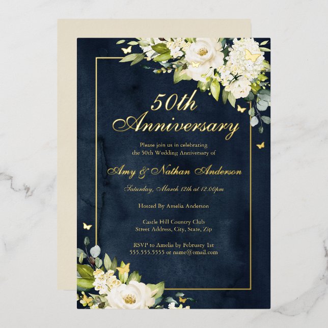 Gold Navy Butterfly 50th Wedding Anniversary  Foil Invitation (Front/Back)