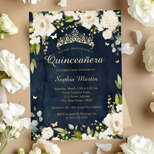 Gold Navy Butterfly Champagne Floral Quinceanera   Foil Invitation