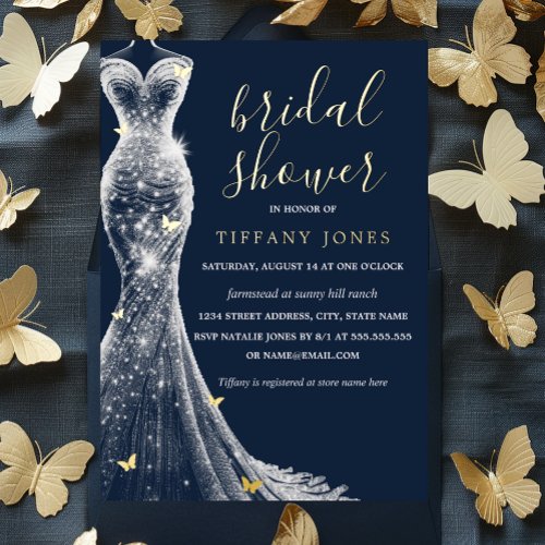 Gold Navy Butterfly Dress Bridal Shower  Foil Invitation