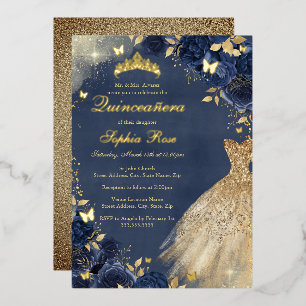 Gold Navy Butterfly Floral Dress Quinceanera Foil Invitation