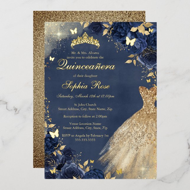 Gold Navy Butterfly Floral Dress Quinceanera Foil Invitation (Front/Back)