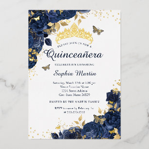 Gold Navy Butterfly Flower Elegant Quinceanera Foil Invitation