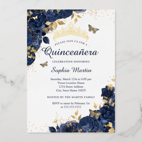 Gold Navy Butterfly Flower Elegant Quinceanera Foil Invitation