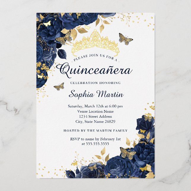Gold Navy Butterfly Flower Elegant Quinceanera Foil Invitation (Front)