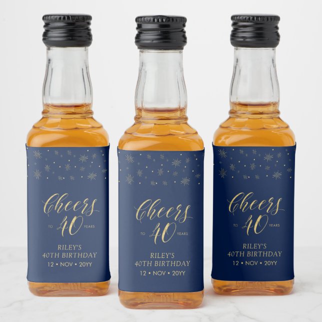 Gold & Navy Cheers 40 years, 40th Birthday Party Liquor Bottle Label (Bottles)