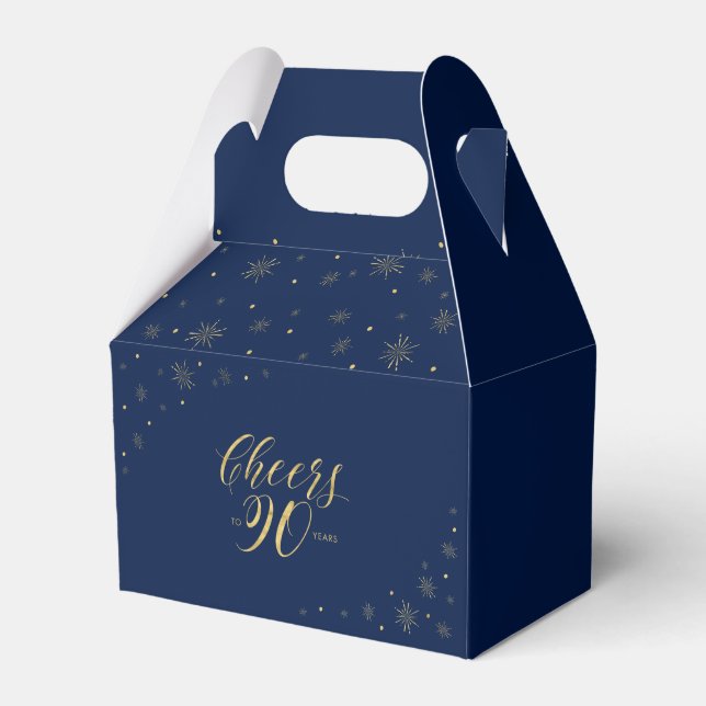 Gold & Navy | Cheers 90 years 90th Birthday Party Favor Boxes (Front Side)