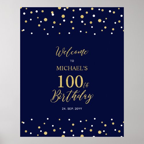 Gold  Navy Confetti 100th Birthday Party Welcome Poster