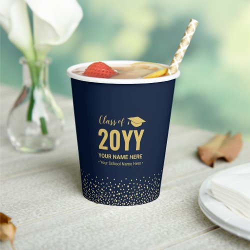 Gold  Navy Confetti 2022 Graduation Party Paper Cups