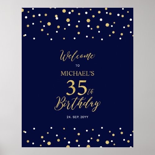 Gold  Navy Confetti 35th Birthday Party Welcome Poster