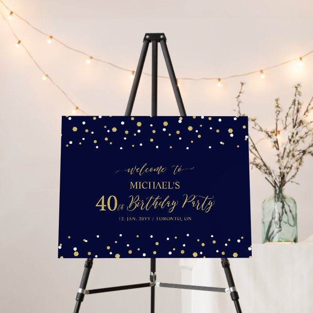 Gold & Navy Confetti 40th Birthday Party Welcome Foam Board (In Situ (Stand))