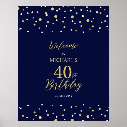Gold  Navy Confetti 40th Birthday Party Welcome Poster