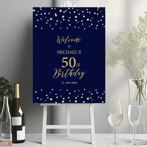 Gold  Navy Confetti 50th Birthday Party Welcome Foam Board