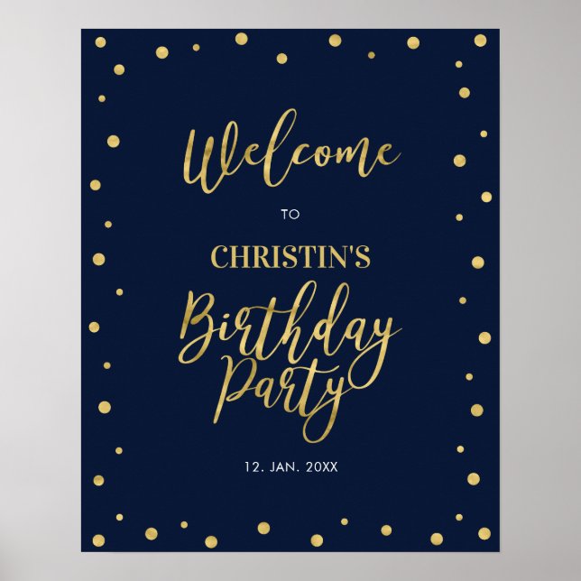 Gold & Navy Confetti 50th Birthday Party Welcome Poster (Front)