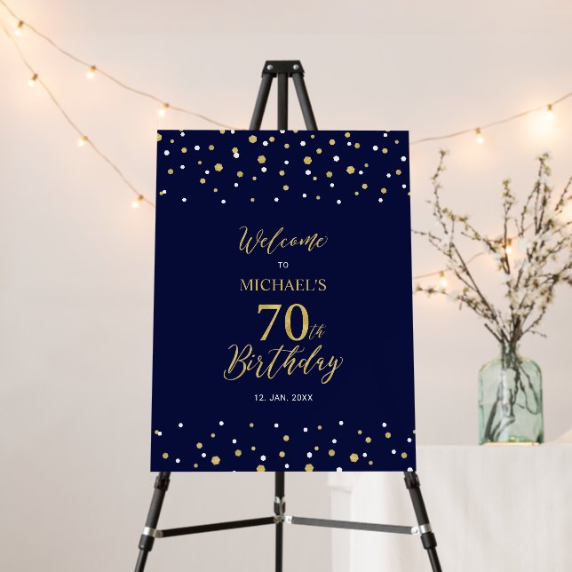 Gold & Navy Confetti 70th Birthday Party Welcome Foam Board (In Situ (Stand))