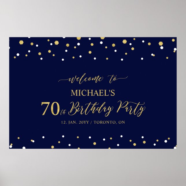 Gold & Navy Confetti 70th Birthday Party Welcome Poster (Front)