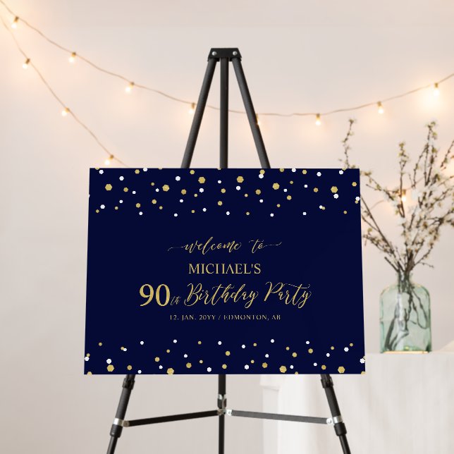 Gold & Navy Confetti 90th Birthday Party Welcome Foam Board (In Situ (Stand))