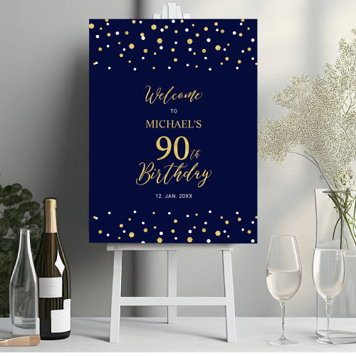 Gold & Navy Confetti 90th Birthday Party Welcome