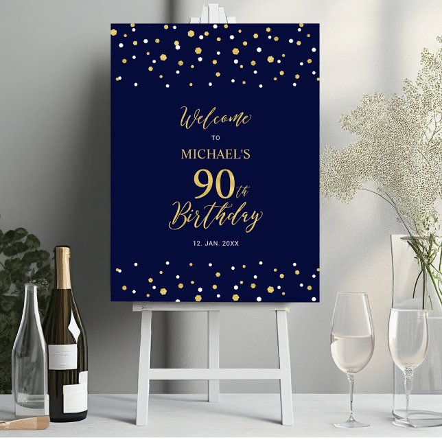 Gold & Navy Confetti 90th Birthday Party Welcome Foam Board (Creator Uploaded)