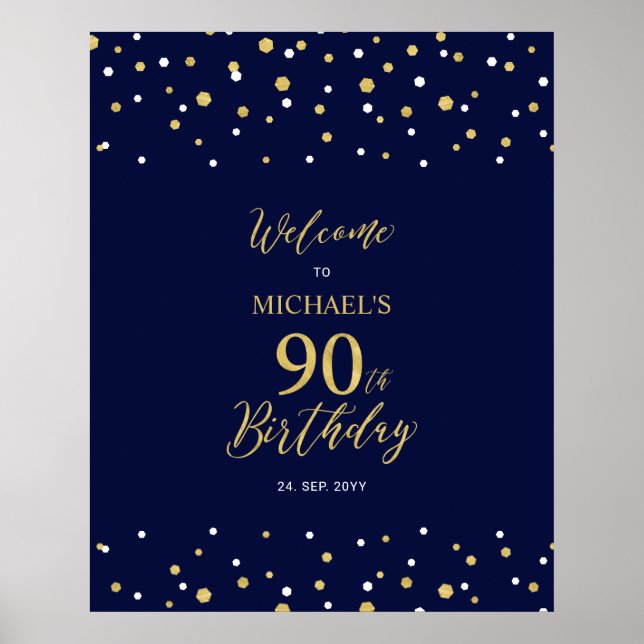 Gold & Navy Confetti 90th Birthday Party Welcome Poster (Front)