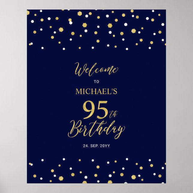 Gold & Navy Confetti 95th Birthday Party Welcome Poster (Front)