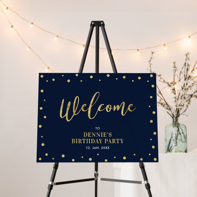 Gold & Navy Confetti Adult Birthday Party Welcome Foam Board (In Situ (Stand))