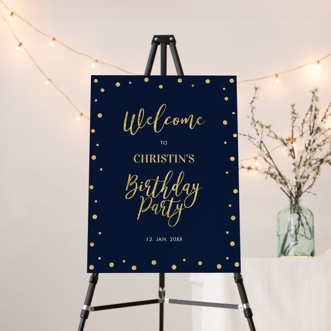 Gold & Navy Confetti Birthday Party Welcome Sign (In Situ (Stand))