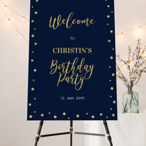 Gold  Navy Confetti Birthday Party Welcome Sign