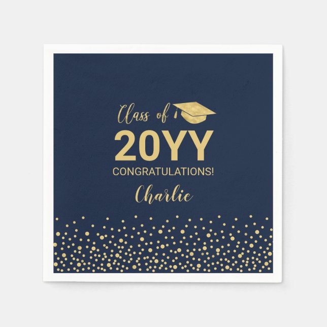 Gold, Navy Confetti Class of Year Graduation Party Napkins (Front)