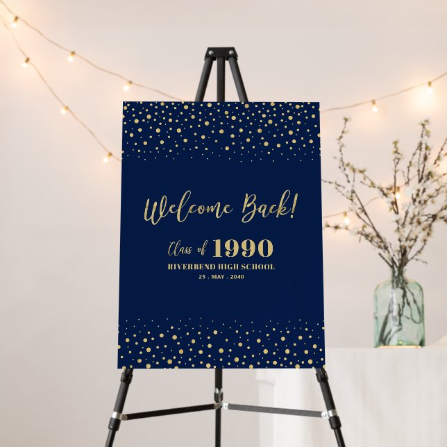 Gold & Navy Confetti Class Reunion Party Welcome Foam Board (In Situ (Stand))