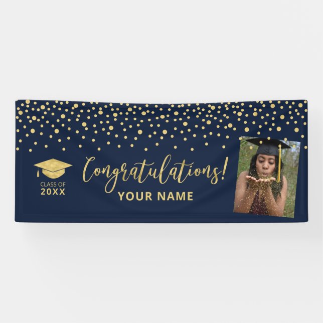 Gold & Navy Confetti Congratulation Graduation Banner (Horizontal)