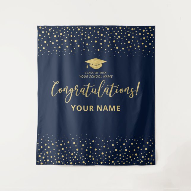 Gold & Navy Confetti | Congratulation Graduation Tapestry (Front)