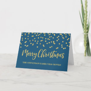Gold Navy Confetti Merry Christmas New Address Holiday Card
