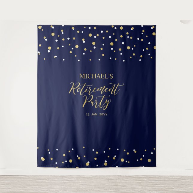 Gold & Navy Confetti Retirement Party Backdrop (Front)