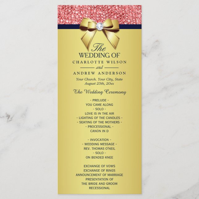 Gold Navy Coral Sequins Bow Wedding Program (Front)