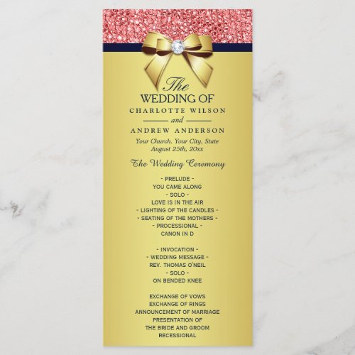 Gold Navy Coral Sequins Bow Wedding Program
