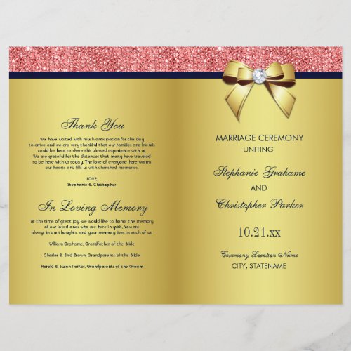 Gold Navy Coral Sequins Bow Wedding Program