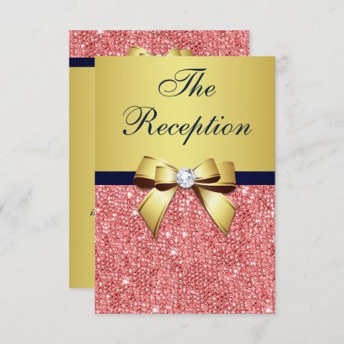 Gold Navy Coral Sequins Bow Wedding Reception Invitation