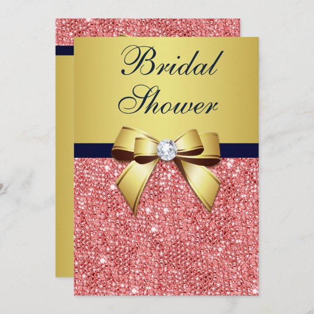 Gold Navy Coral Sequins Diamonds Bow Bridal Shower Invitation (Front/Back)