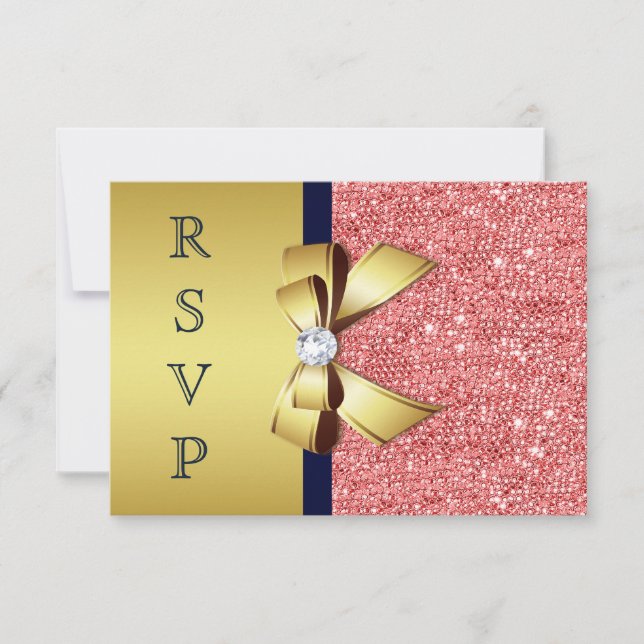 Gold Navy Coral Sequins Diamonds Bow RSVP (Front)