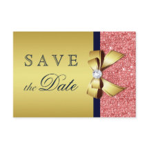 Gold Navy Coral Sequins Diamonds Bow Save The Date