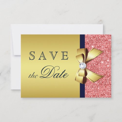 Gold Navy Coral Sequins Diamonds Bow Save The Date