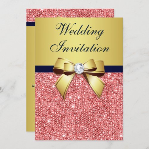 Gold Navy Coral Sequins Diamonds Bow Wedding Invitation