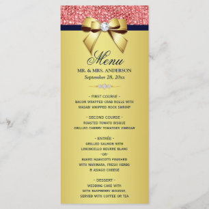 Gold Navy Coral Sequins Diamonds Bow Wedding Menu