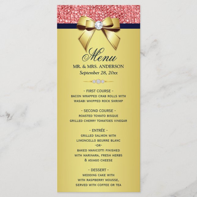 Gold Navy Coral Sequins Diamonds Bow Wedding Menu (Front)