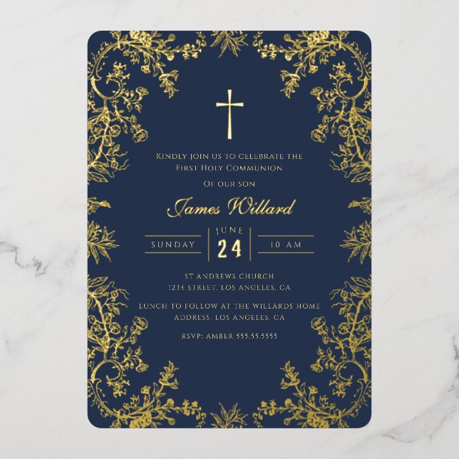Gold Navy Cross Vintage First Communion Foil Invitation (Front)