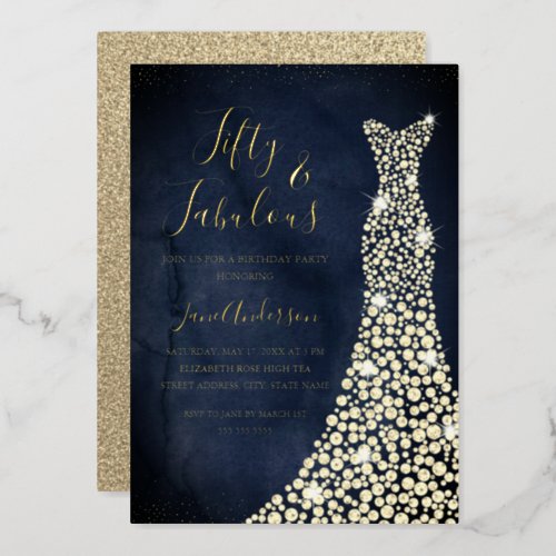 Gold Navy Dress 50  Fabulous Birthday Foil Invita Foil Invitation