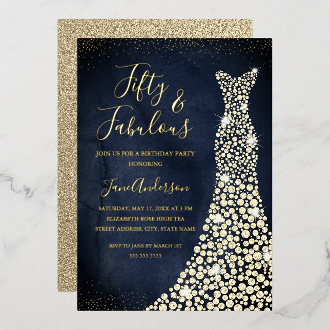 Gold Navy Dress 50 & Fabulous Birthday Foil Invitation (Front/Back)