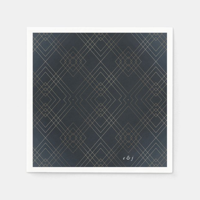 Gold Navy Elegance Diamond Geo Deco Wedding Napkins (Front)