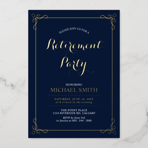 Gold  Navy  Elegant Classy Retirement Party Foil Invitation